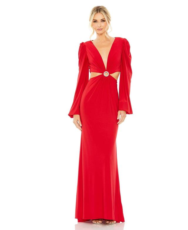 Mac Duggal Womens Jersey Puff Sleeve Cut Out Column Gown Product Image