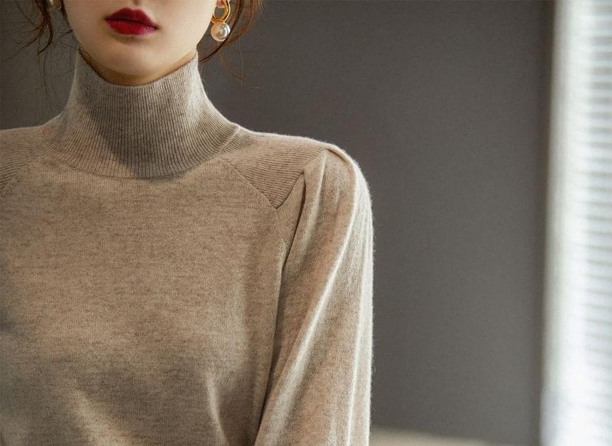 Puff-Sleeve High Neck Plain Knit Top Product Image