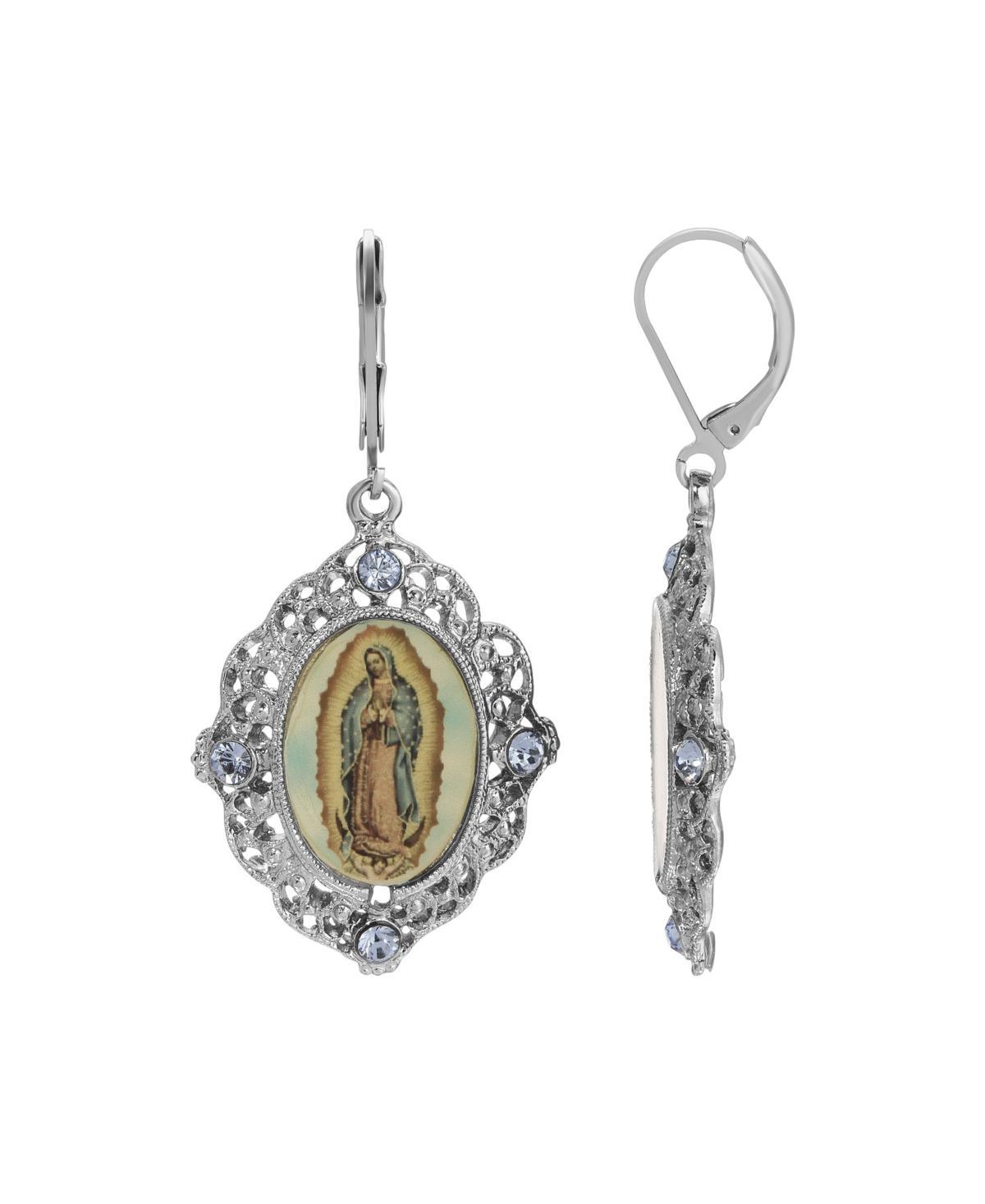 Symbols of Faith Silver Tone Our Lady Of Guadalupe Drop Earrings, Womens, Blue Product Image