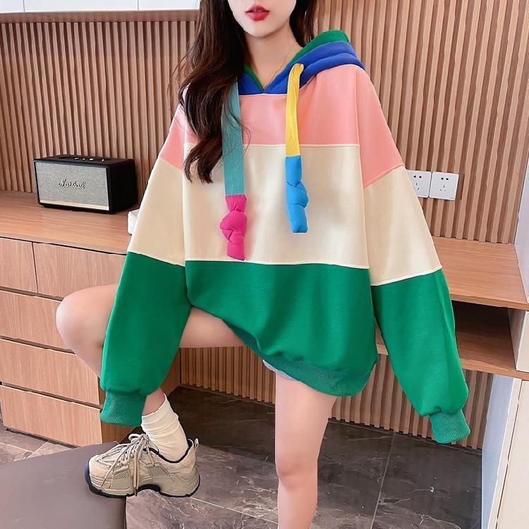 Color Block Drawstring Oversized Hoodie Product Image