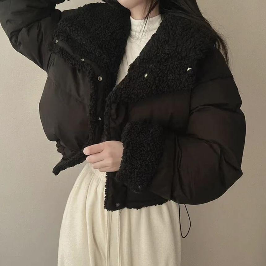 Plain Fluffy Trim Snap Button Puffer Jacket Product Image