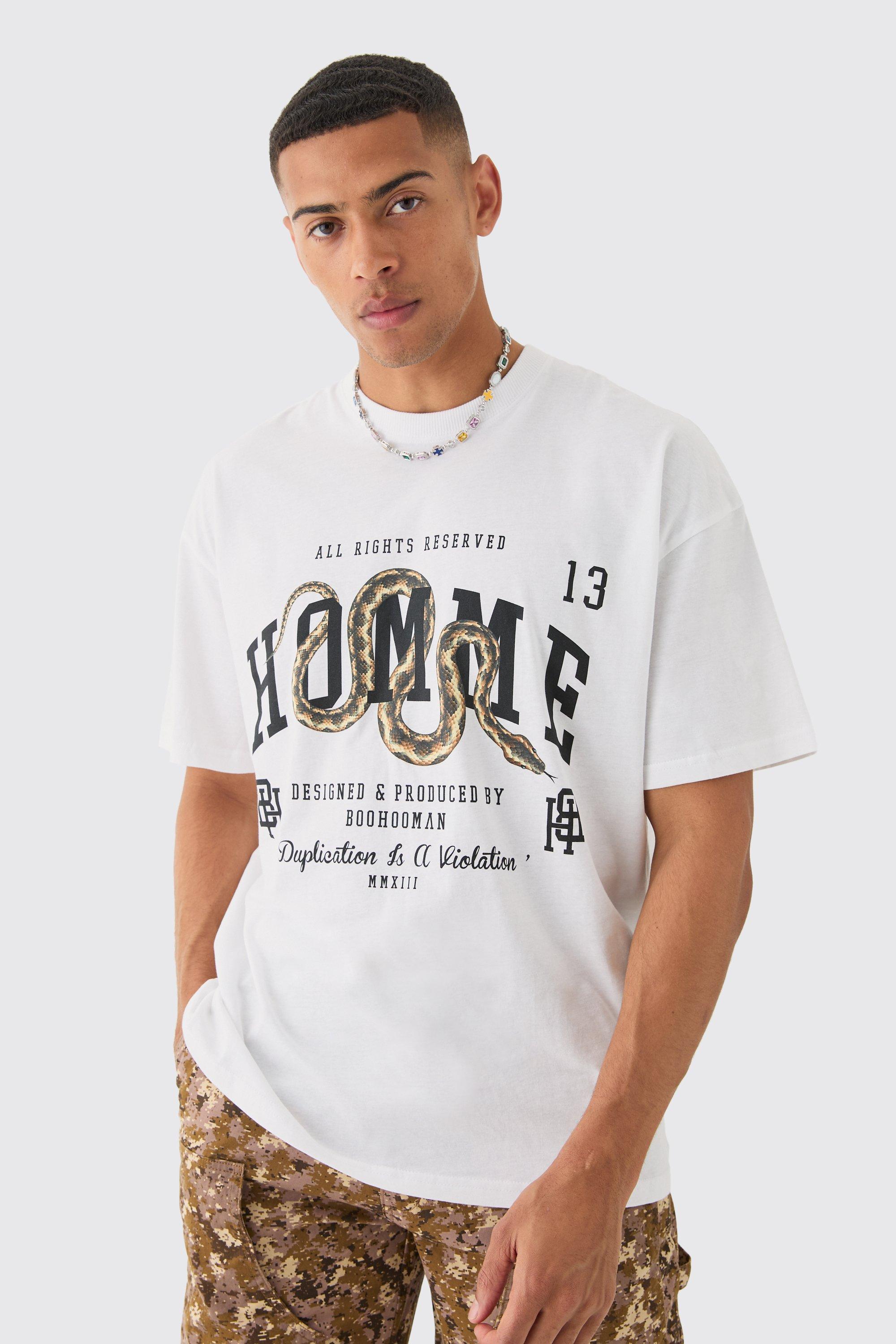 Mens White Oversized Homme Snake Print T-shirt, White Product Image