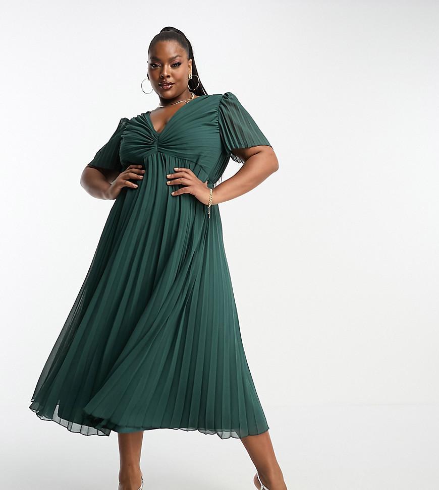 ASOS DESIGN Curve pleated bodice flutter sleeve pleat midi dress Product Image