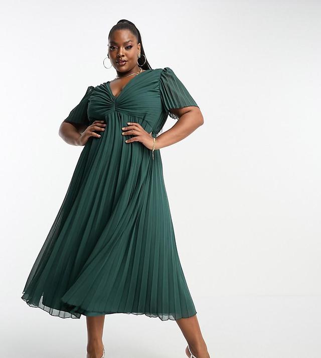 ASOS DESIGN Curve pleated bodice flutter sleeve pleat midi dress in pine green Product Image