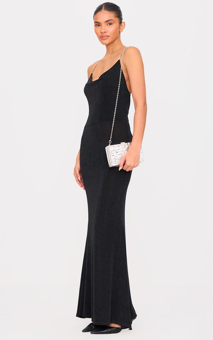 Black Slinky Diamante Strap Cowl Back Maxi Dress Product Image