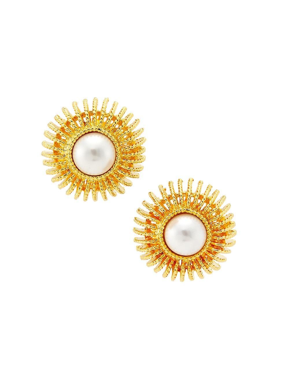 Womens 22K-Gold-Plated & Imitation Pearl Button Stud Earrings Product Image