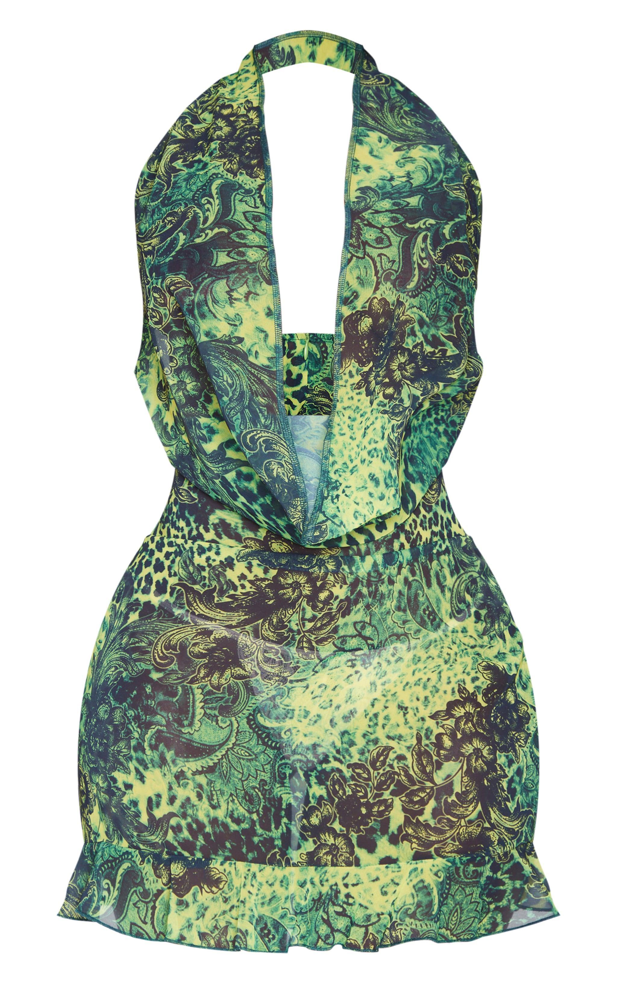 Shape Green Animal Printed Cowl Neck Frill Detail Bodycon Dress Product Image