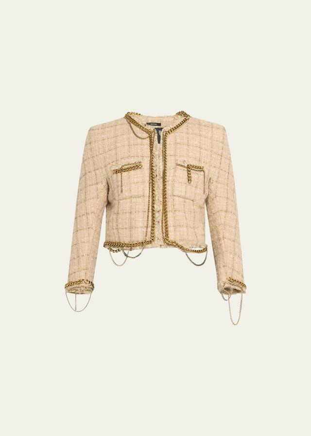 Womens Chain-Embellished Tweed Crop Jacket Product Image