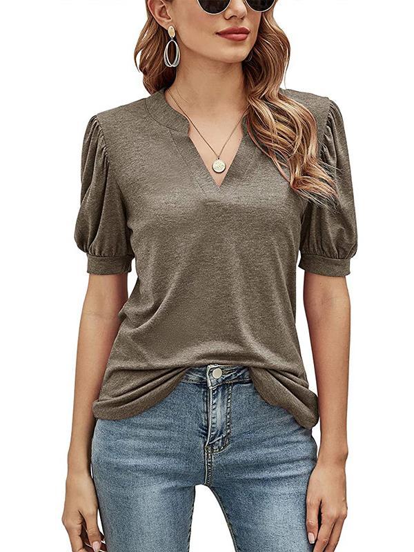 Simple Solid Color V-Neck Puff Sleeves T-Shirt Top Product Image