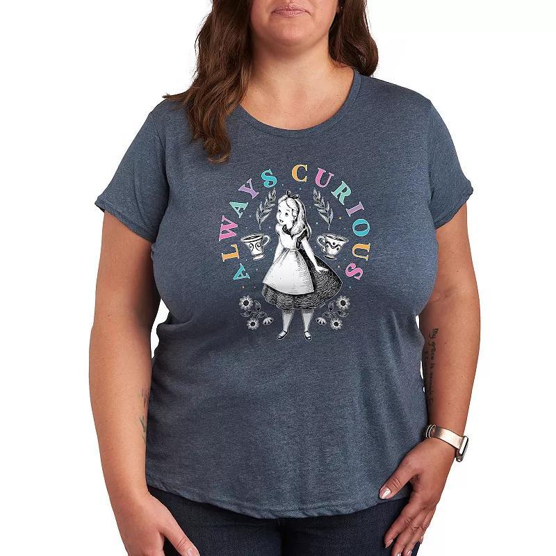 Disneys Alice in Wonderland Plus Always Curious Graphic Tee, Womens Grey Blue Product Image