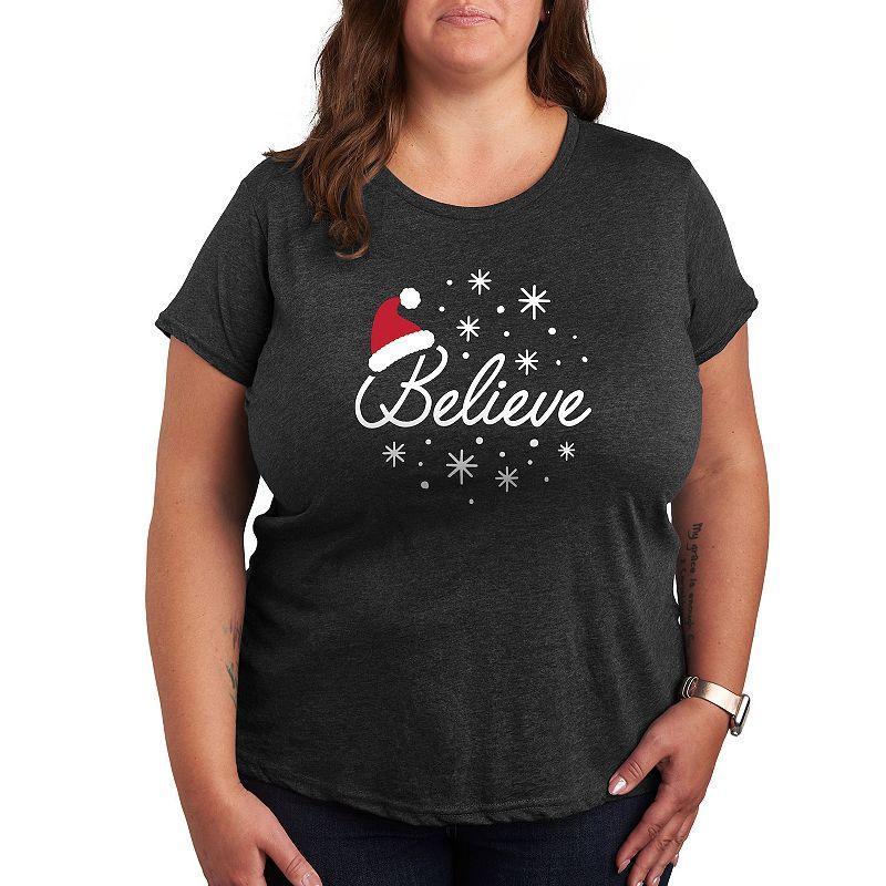 Plus Believe With Santa Hat Graphic Tee, Womens Grey Gray Product Image