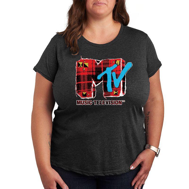 Plus MTV Grunge Plaid Graphic Tee, Womens Heather Grey Product Image