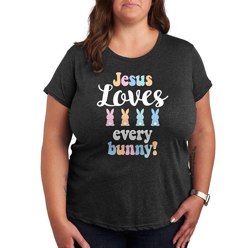 Plus Jesus Loves Every Bunny Graphic Tee, Womens Heather Grey Gray Product Image