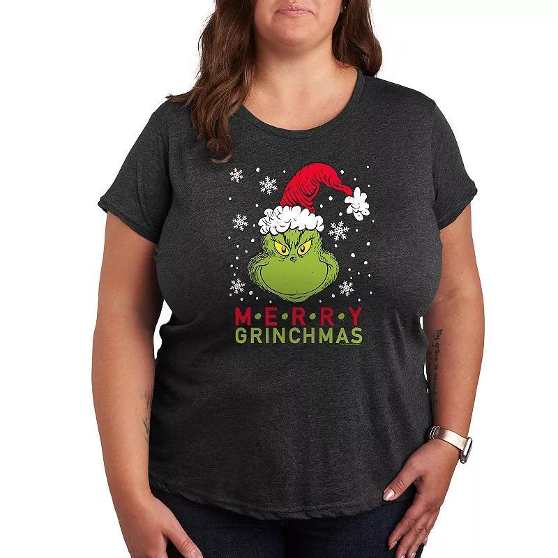 Plus Dr. Seuss The Grinch Merry Santa Grinch Graphic Tee, Womens Heather Grey Product Image