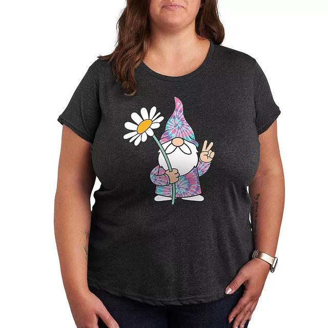 Plus Tie Dye Gnome With Daisy Graphic Tee, Womens Heather Grey Product Image