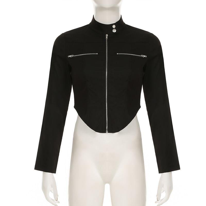 Mock Neck Zip-Up Plain Crop Jacket Product Image