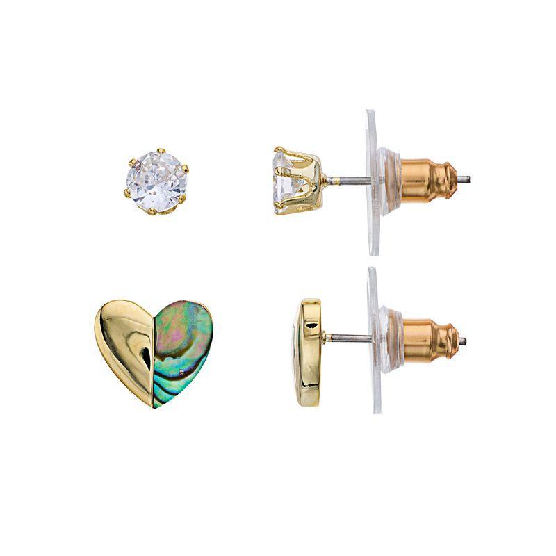 City Luxe Abalone Half Heart & Clear Cubic Zirconia Duo Gold Stud Earring Set, Womens, Gold Tone Product Image