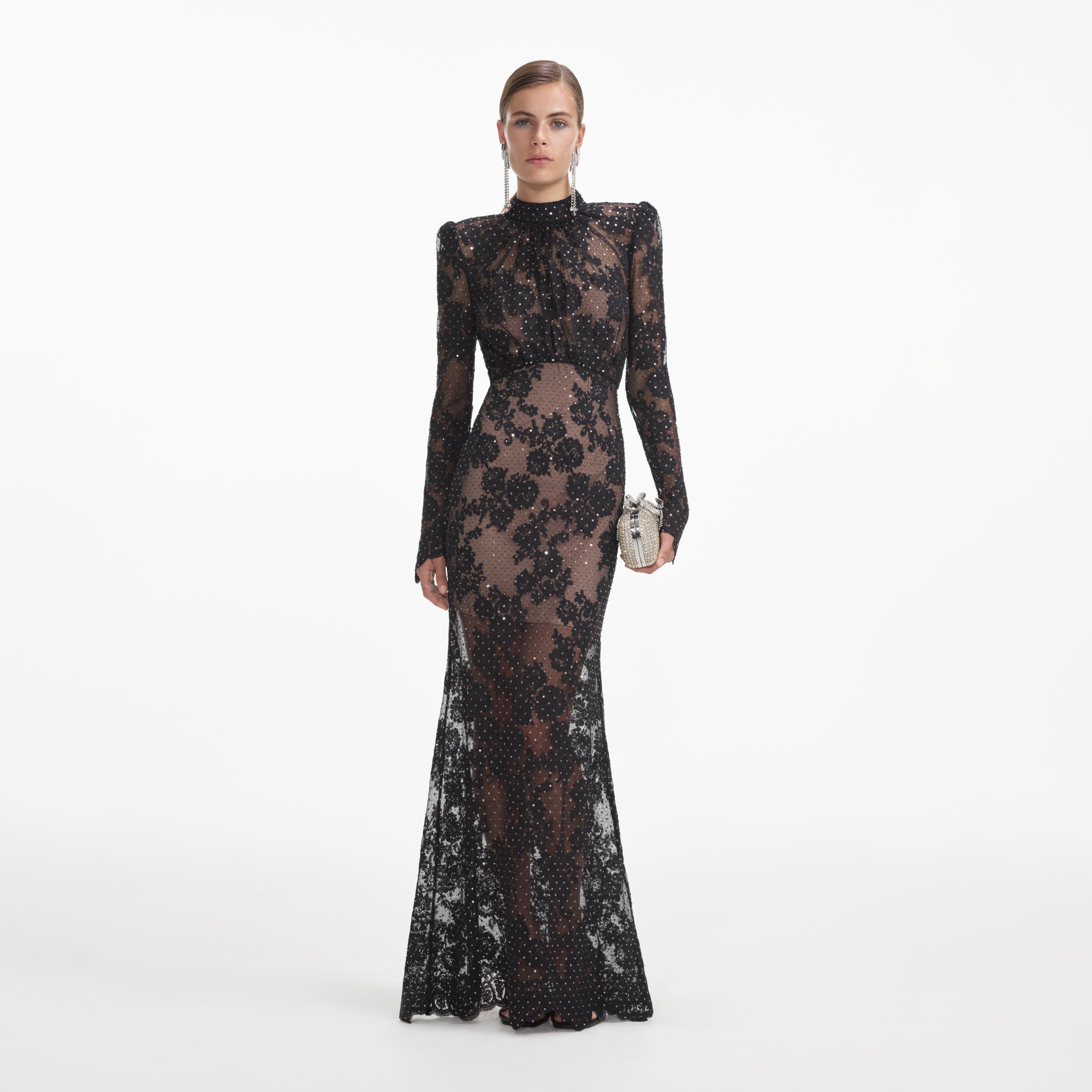 Black Rhinestone Lace Maxi Dress Product Image