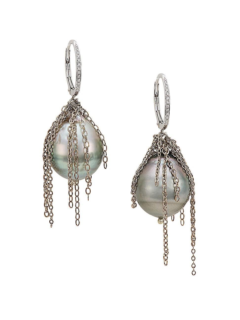 Womens 18K White Gold, Tahitian Pearl & 0.07 TCW Diamond Drop Earrings - White Gold Product Image