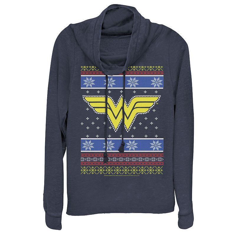 Juniors DC Comics Wonder Woman Christmas Cowlneck Graphic Lightweight Long Sleeve, Girls Blue Product Image