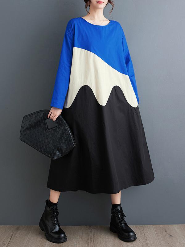 A-Line Long Sleeves Asymmetric Contrast Color Split-Joint Round-Neck Midi Dresses Product Image