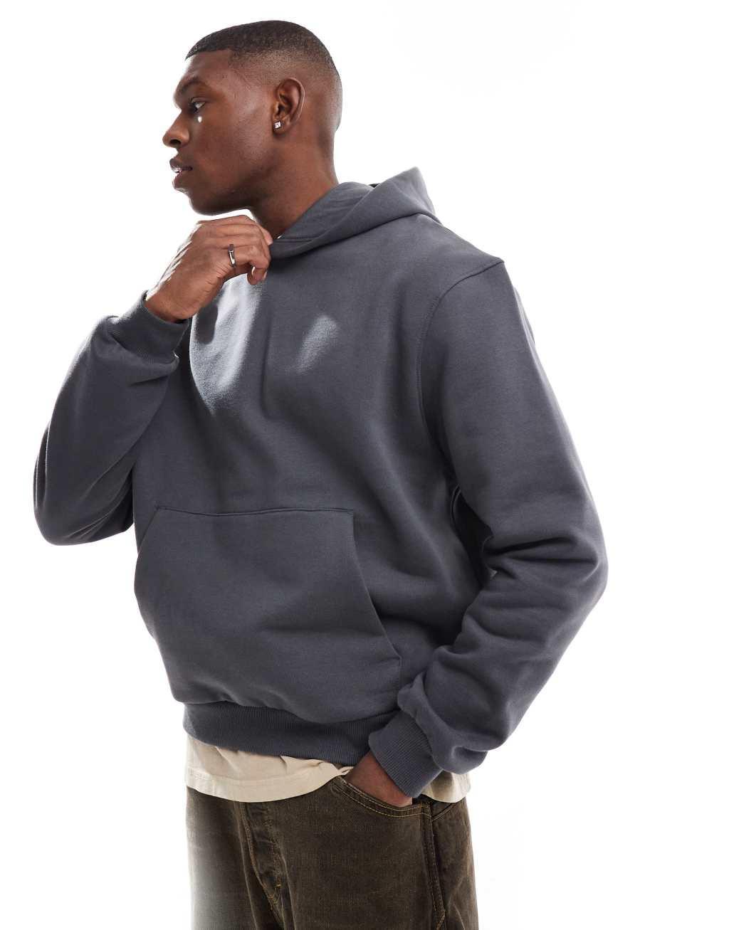 ASOS DESIGN premium heavyweight boxy cropped hoodie 400gsm in washed black Product Image