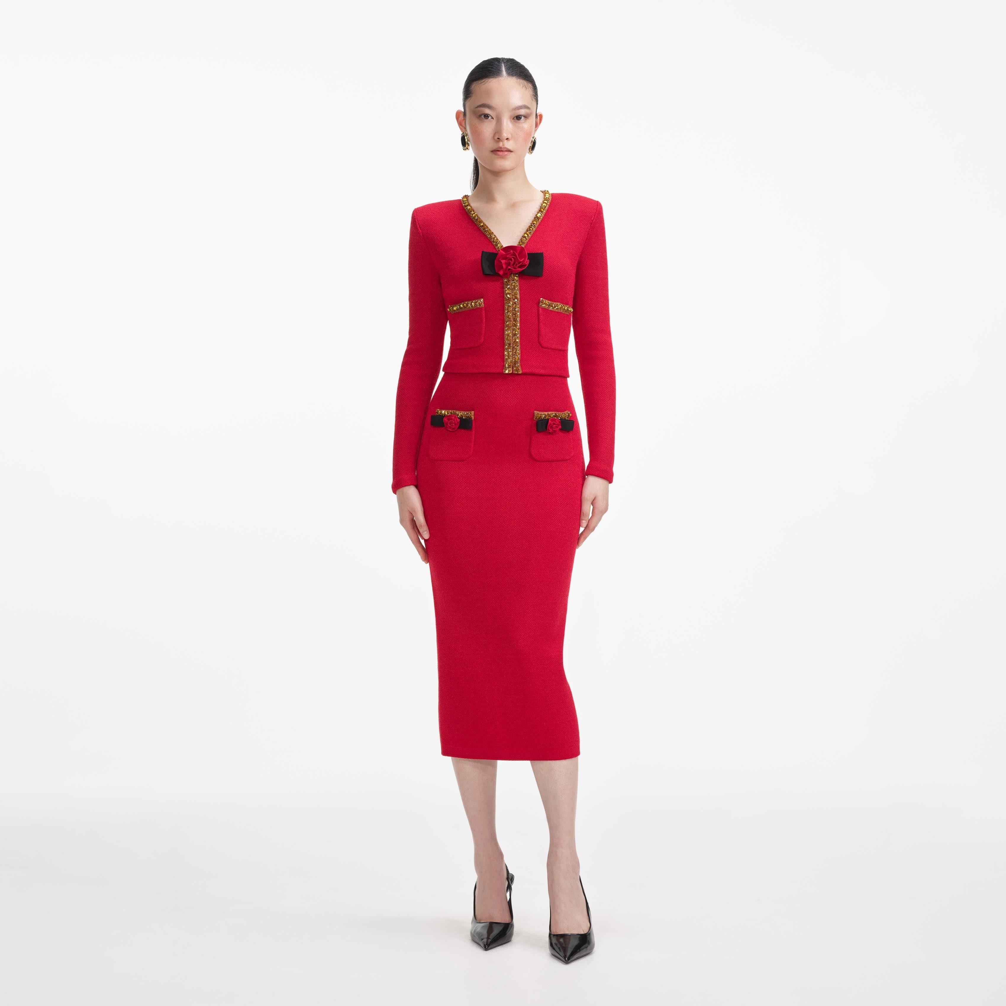 Red Textured Knit Corsage Midi Skirt Product Image