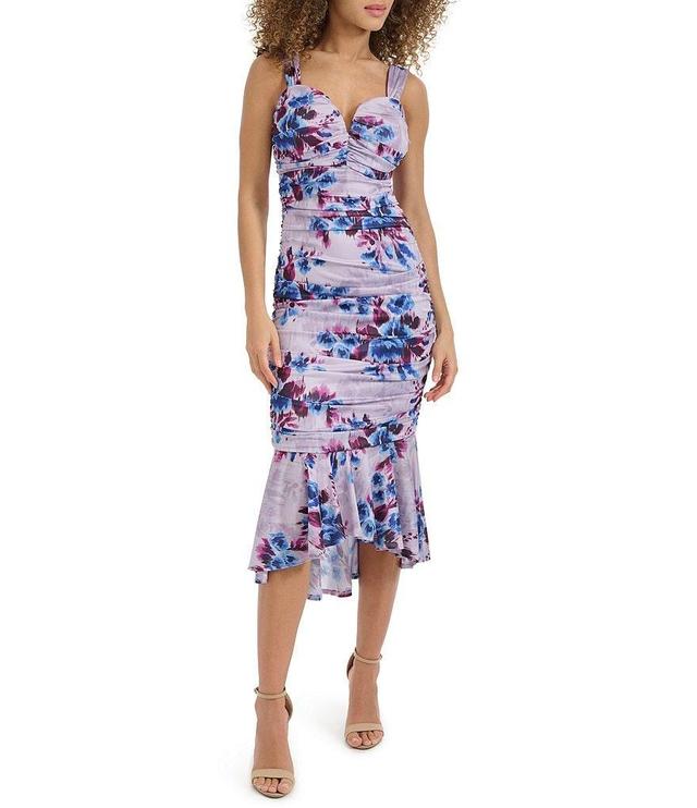 SIENA Printed Mesh Split Square Neck Sleeveless Ruched Flounce Hem Midi Dress Product Image