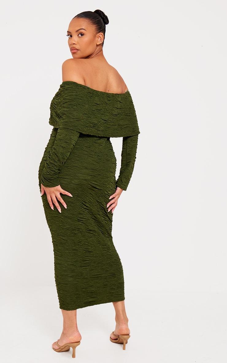 Plus Khaki Textured Fold Over Bardot Midi Dress Product Image