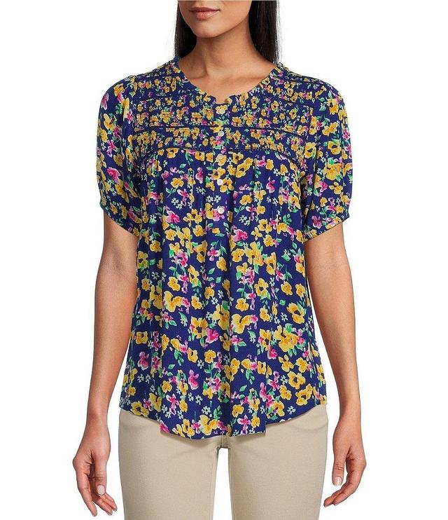 Intro Petite Size Floral Printed Scoop Neck Short Sleeve Smocked Yoke Lace Inset Half-Button Front Top Product Image