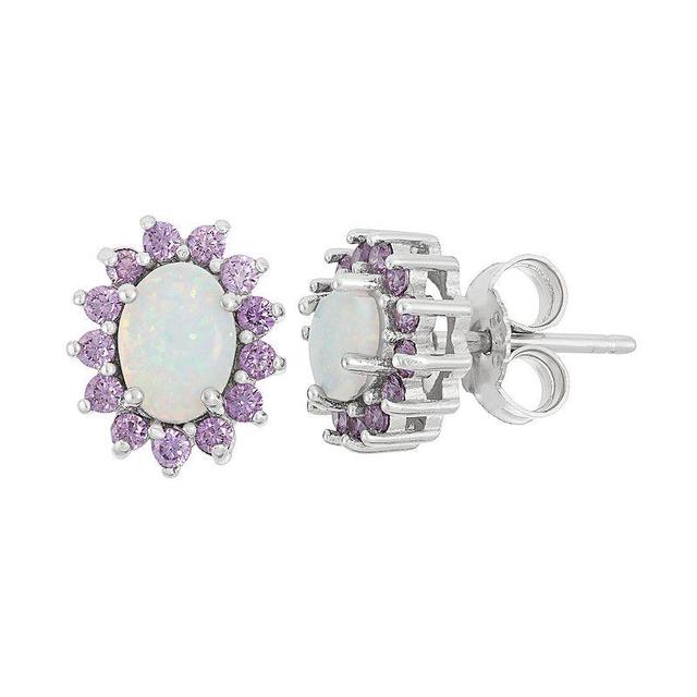 Sterling Silver Lab-Created Opal & Cubic Zirconia Oval Halo Stud Earrings, Womens, Purple Product Image