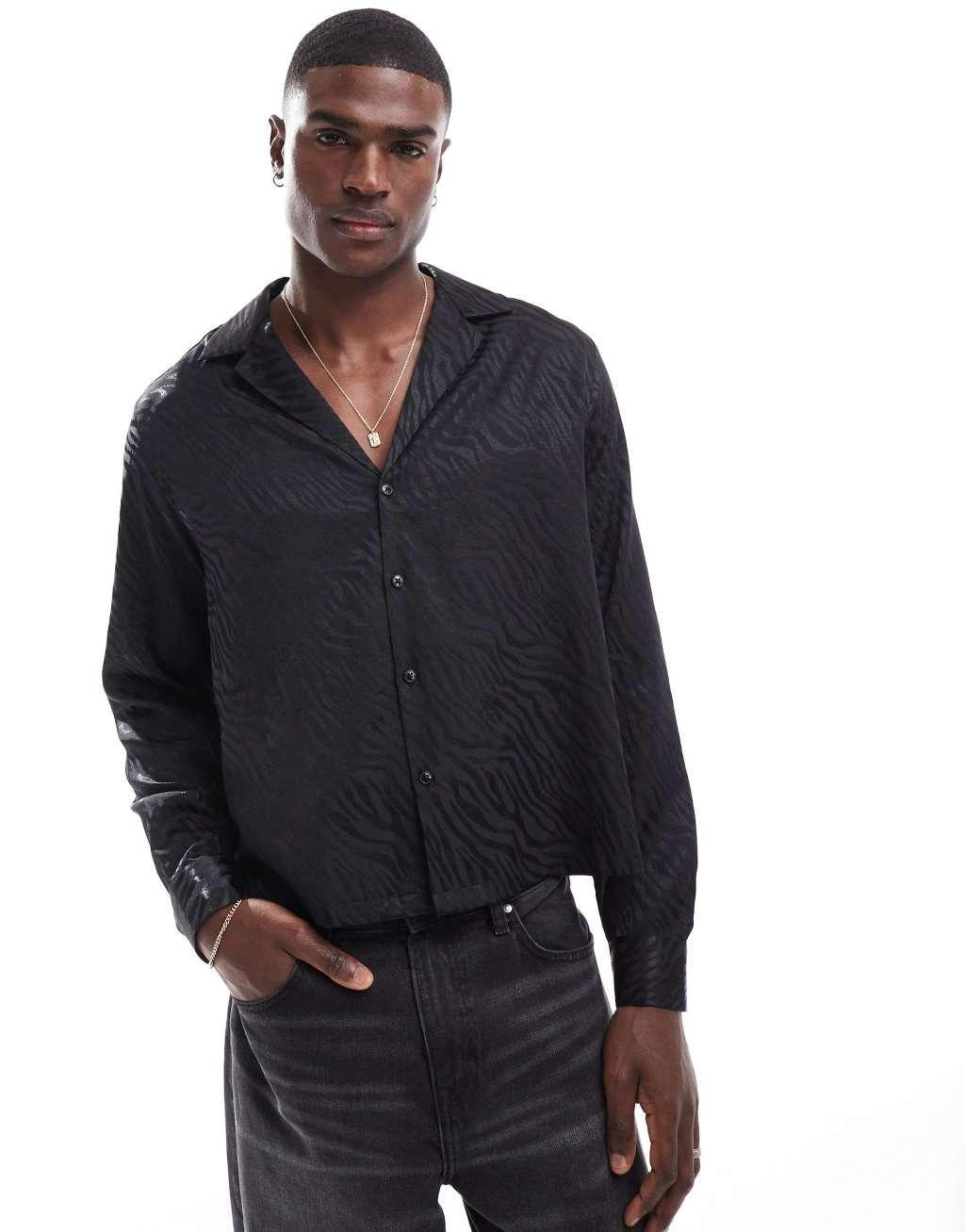 ASOS DESIGN boxy relaxed deep revere shirt in black zebra jacquard Product Image