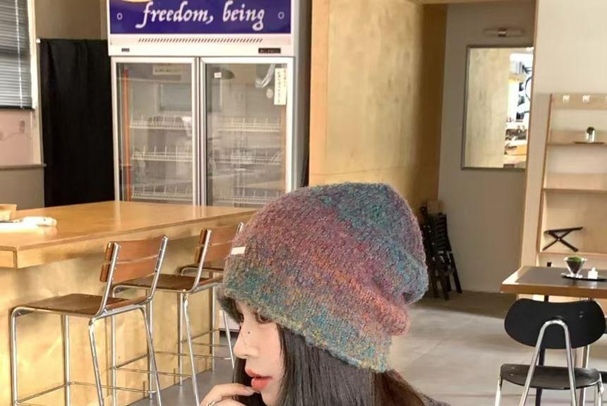 Metal Plate Melange Knit Beanie Product Image