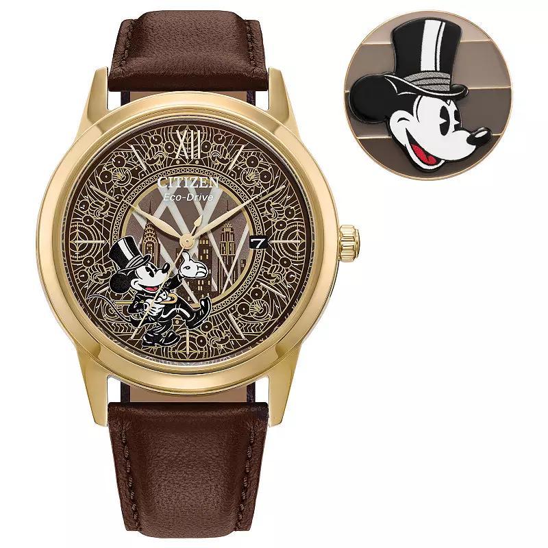 Men's Citizen Eco-DriveÂ® Mickey Mouse Dapper Gold-Tone Brown Leather Strap Watch with Brown Dial (Model: Aw1783-43W) Product Image