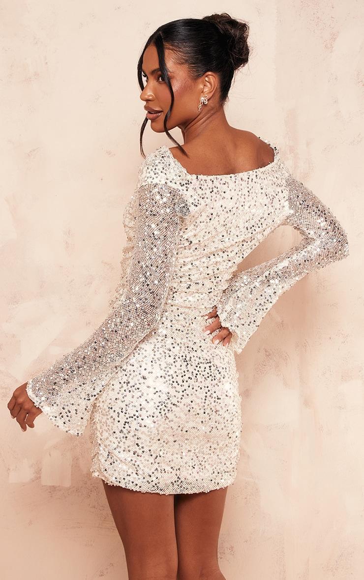 Cream Sequin Cowl Neck Long Sleeve Mini Dress Product Image