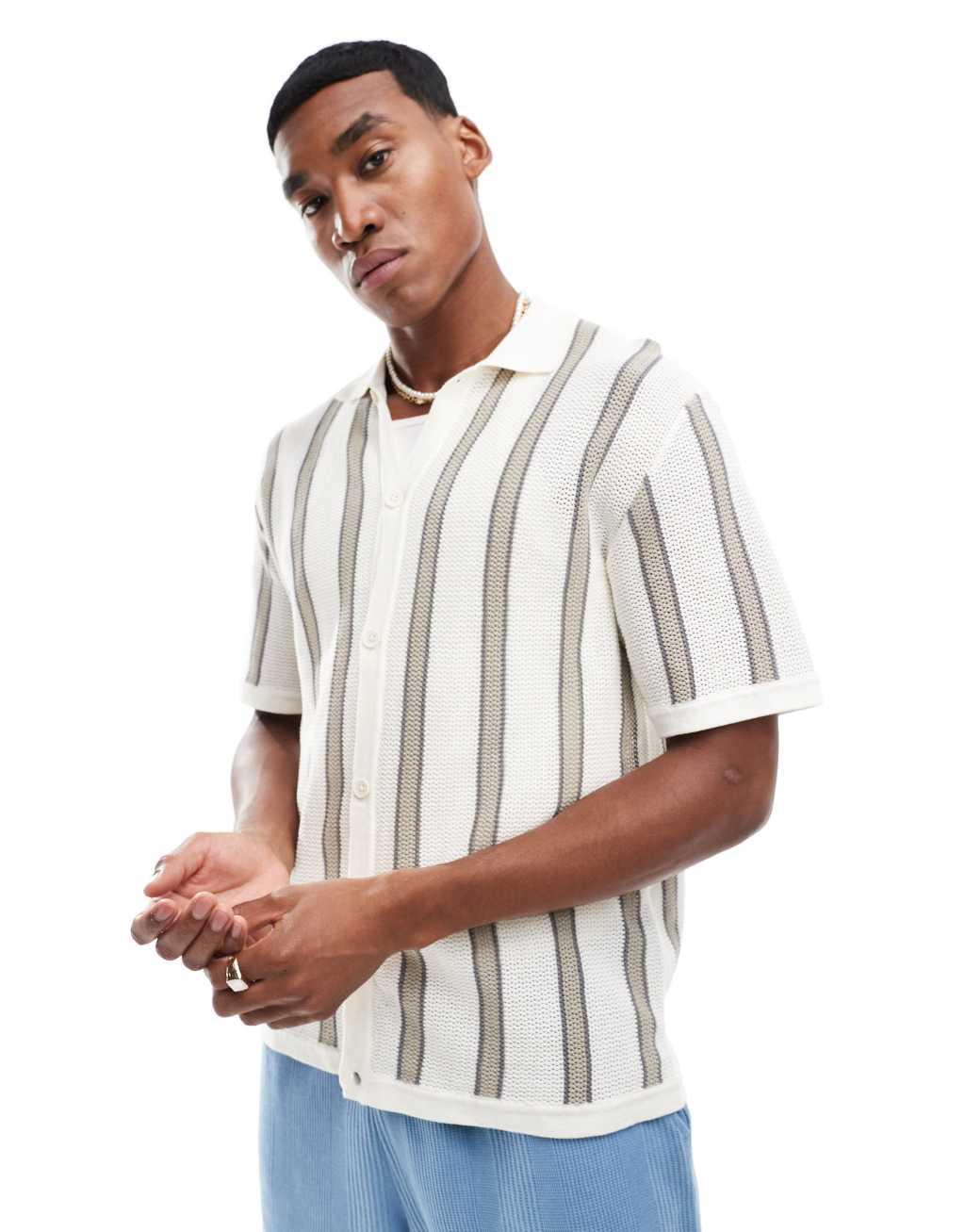 Bershka crochet striped shirt in white Product Image