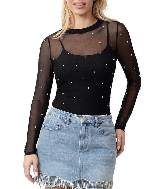 Stevie by Steve Madden Power Mesh Faux Pearl Crew Neck Long Sleeve Cami Top Product Image