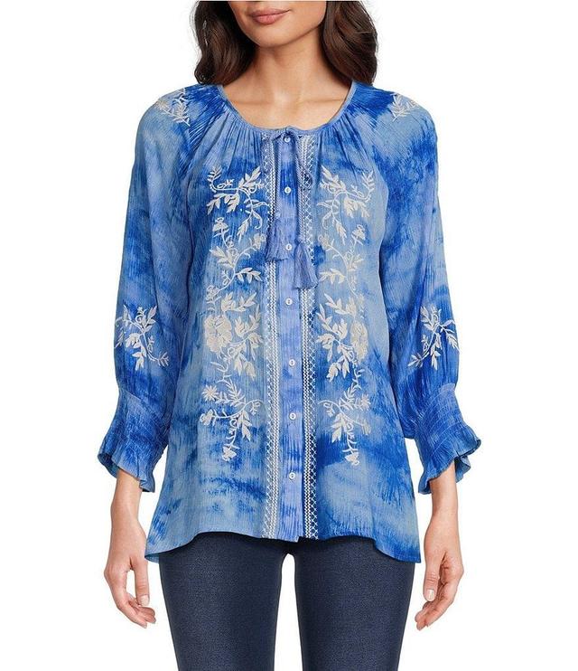 Calessa Embroidered Tie Dye Split V-Neck 3/4 Sleeve Tunic Product Image