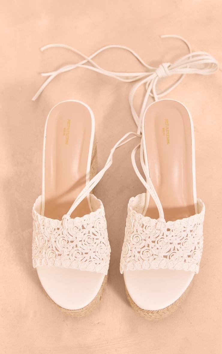 White Wide Fit Pu Round Toe Woven Strap Lace Up Espadrille Wedges Product Image