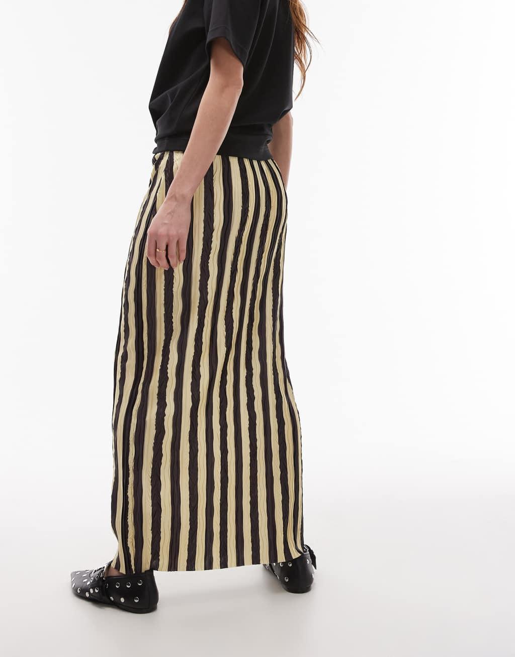 Topshop stripe plisse midaxi skirt in chocolate Product Image