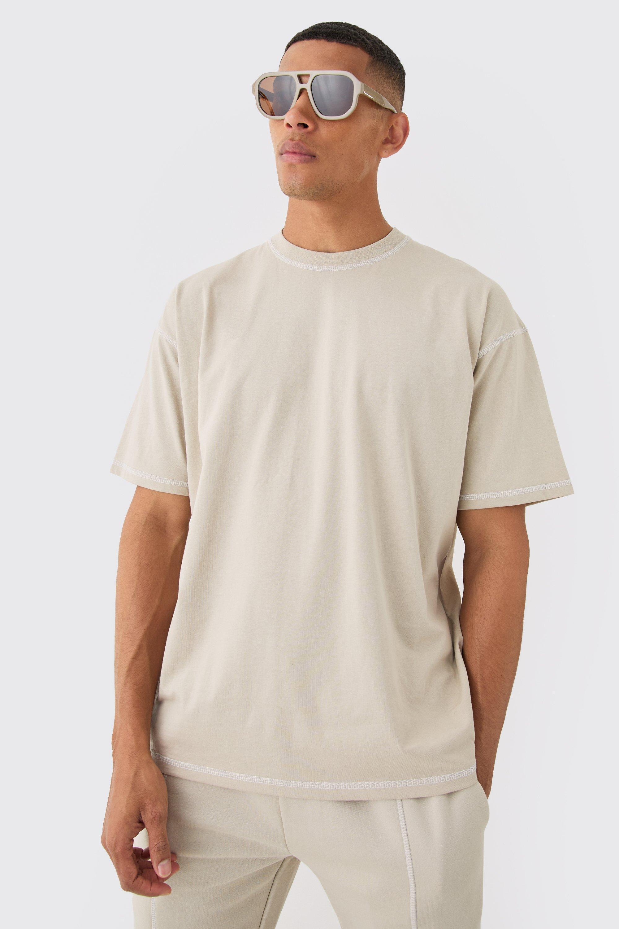 Oversized Contrast Stitch Extended Neck T-shirt | boohooMAN USA Product Image