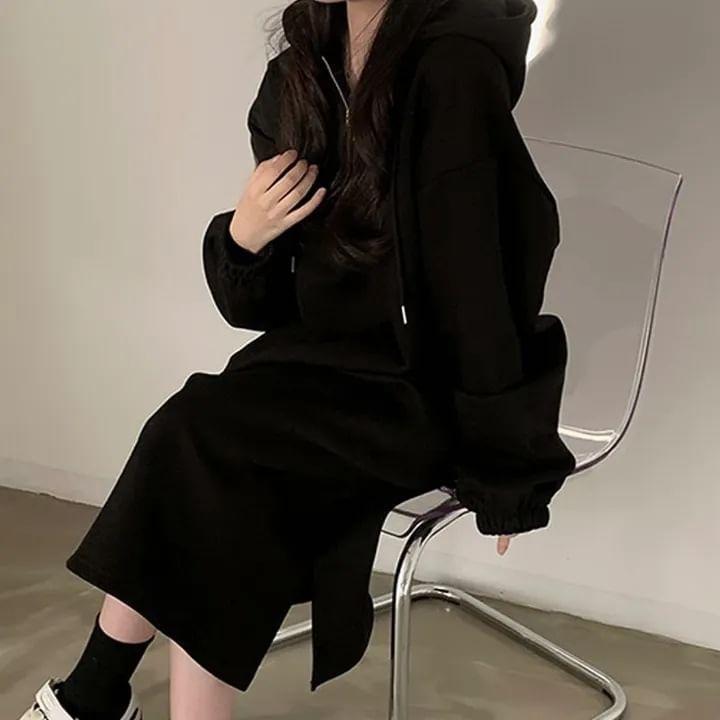 Long Sleeve V-Neck Loose Hoodie Pullover Dress Product Image