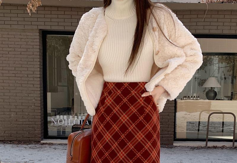 High Rise Plaid A-Line Midi Skirt Product Image