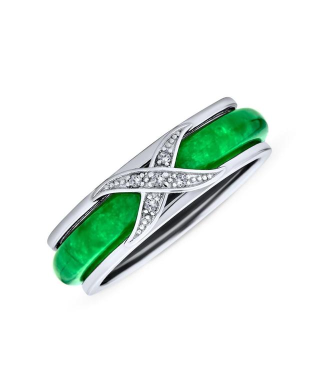 Bling Jewelry Pave Cz Accent Criss Cross Cubic Zirconia X Kiss Dyed Green Jade Band Ring For Women For .925 Sterling Silver Product Image