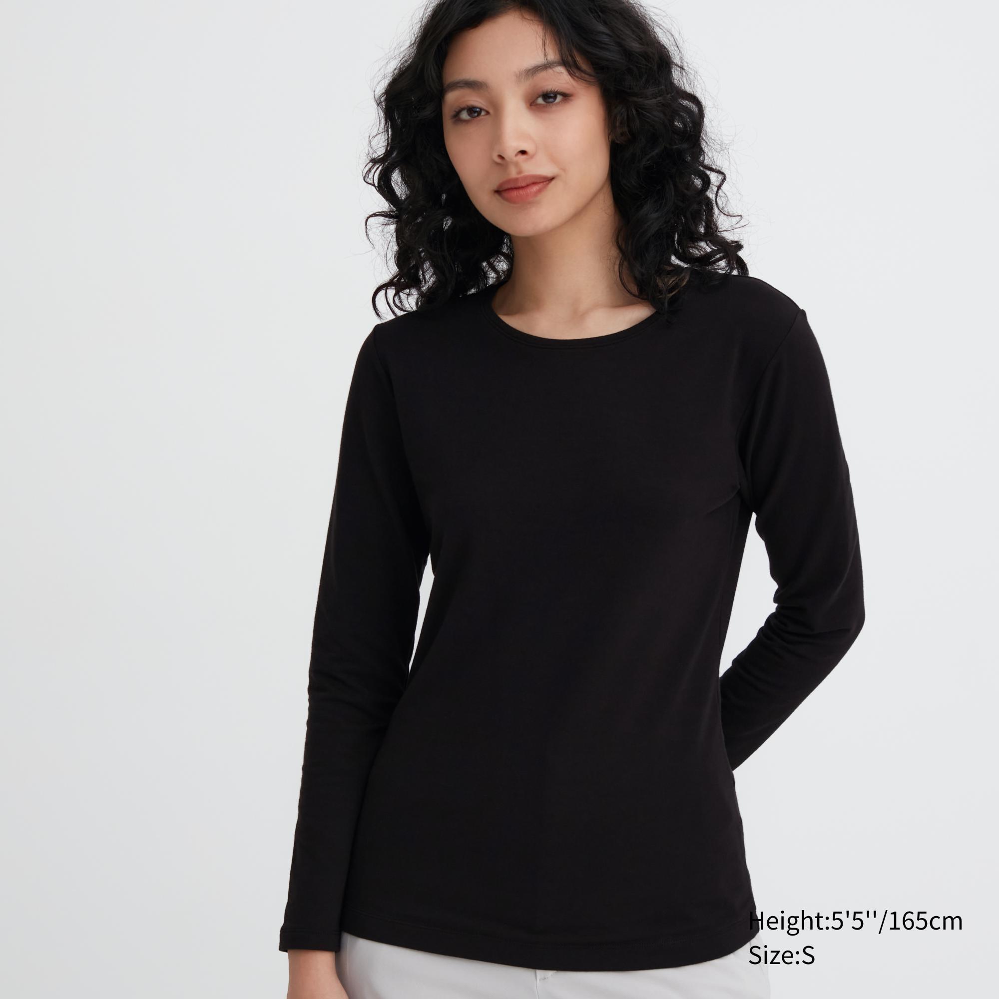 Womens Heattech Cotton Crew Neck Long-Sleeve T-Shirt (Extra Warm) with Moisture-Wicking Black Large UNIQLO US Product Image