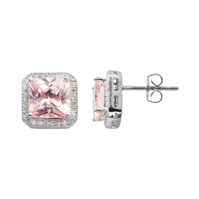 The Silver Lining Silver Plated Pink & White Cubic Zirconia Square Frame Stud Earrings, Womens Product Image