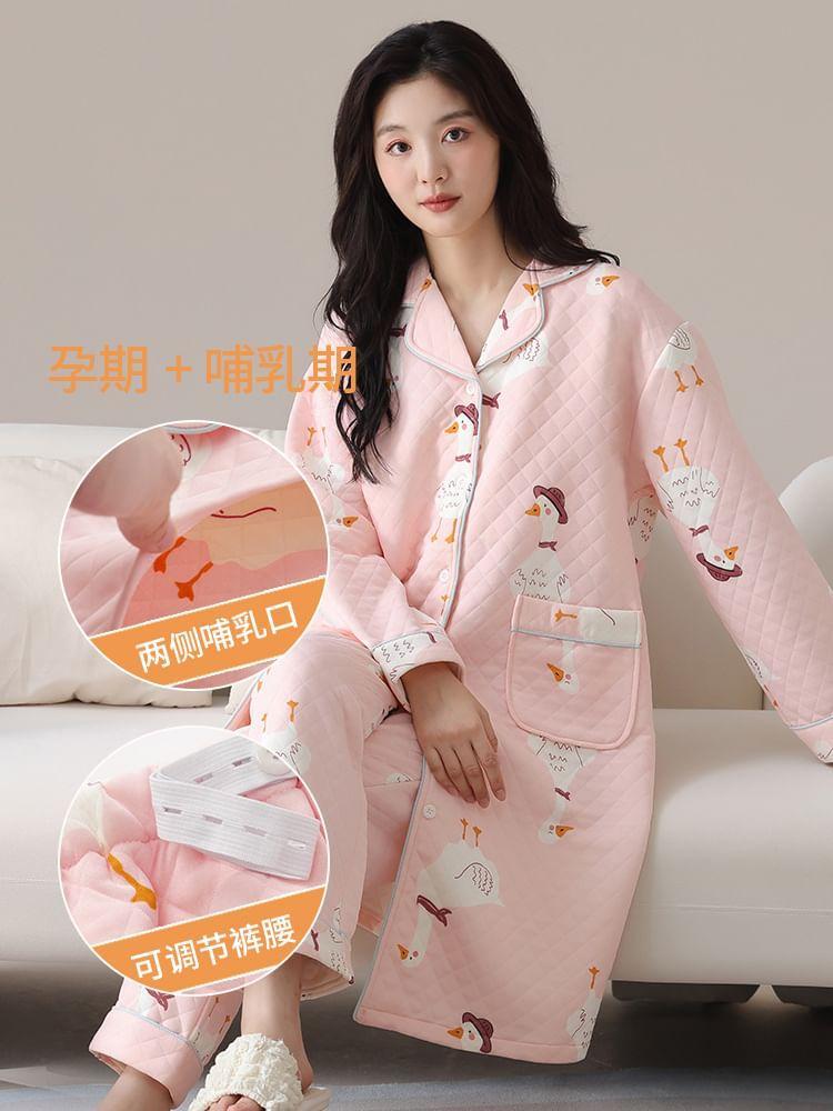 Maternity Pajama Set: Lapel Collar Duck Print Button-Up Robe + Pants Product Image