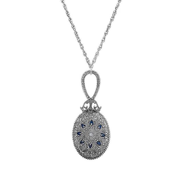 1928 Silver Tone Oval Mirror With Blue Enamel and Simulated Crystal Necklace, Womens Product Image