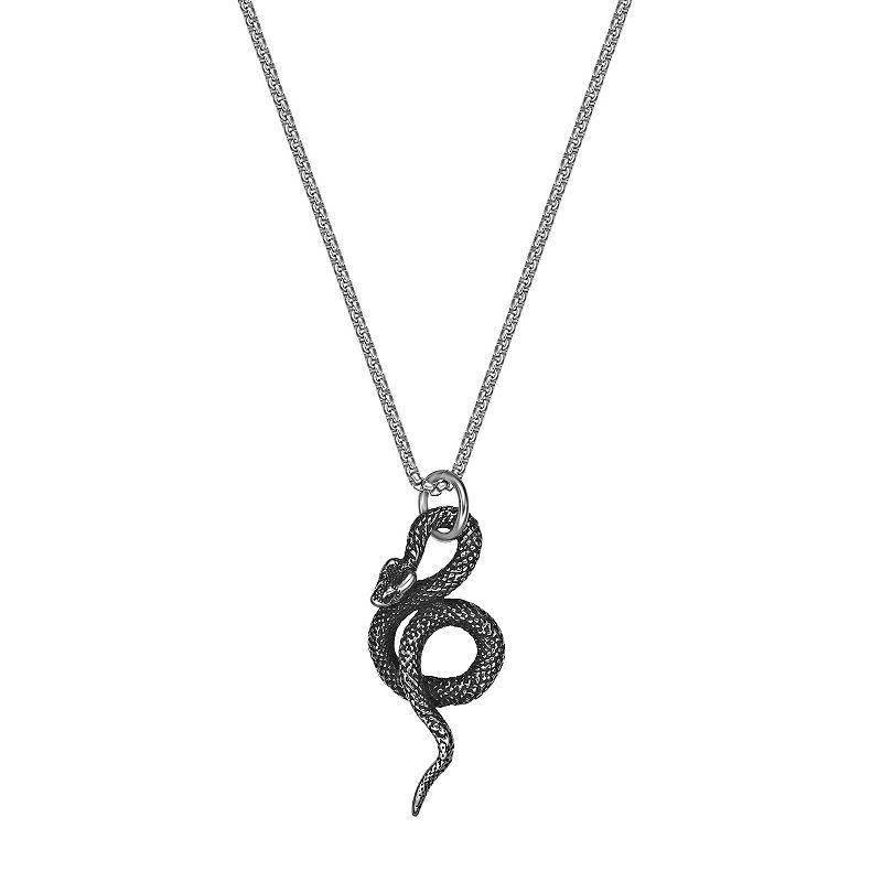 Mens LYNX Antiqued Finish Black Ion-Plated Stainless Steel Snake Pendant Necklace Grey Product Image