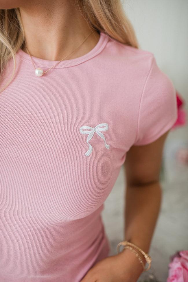 Tied Together Pink Embroidered Bow Tee Product Image